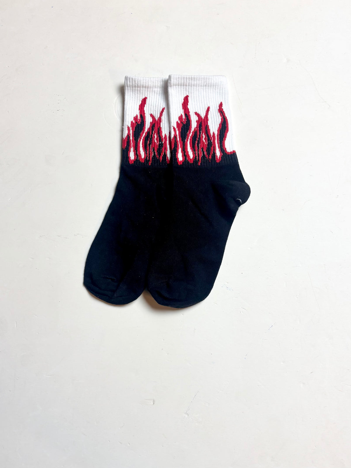 “Red” Flame Ribbed Black & White Crew Socks