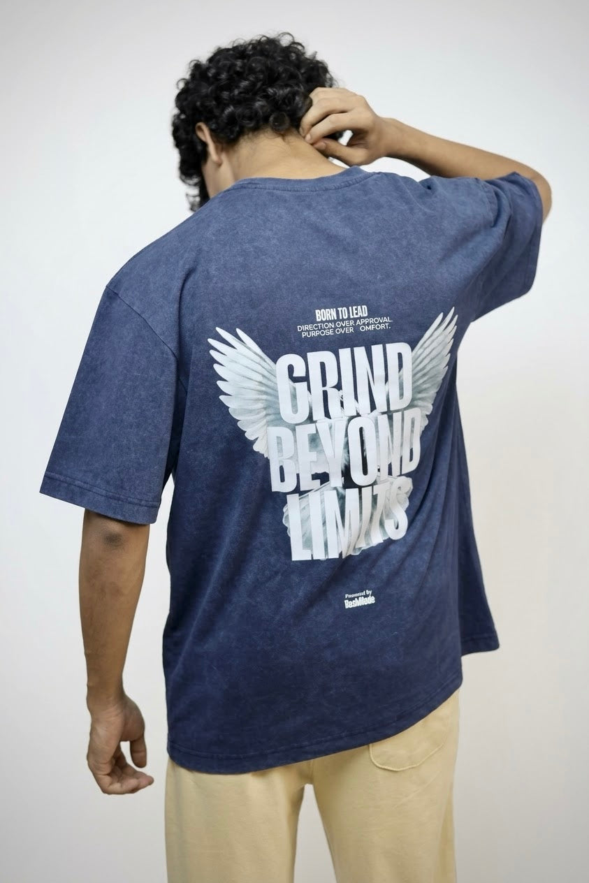“ Grind Beyond Limits” Navy Blue Oversized Acid Wash T-shirt