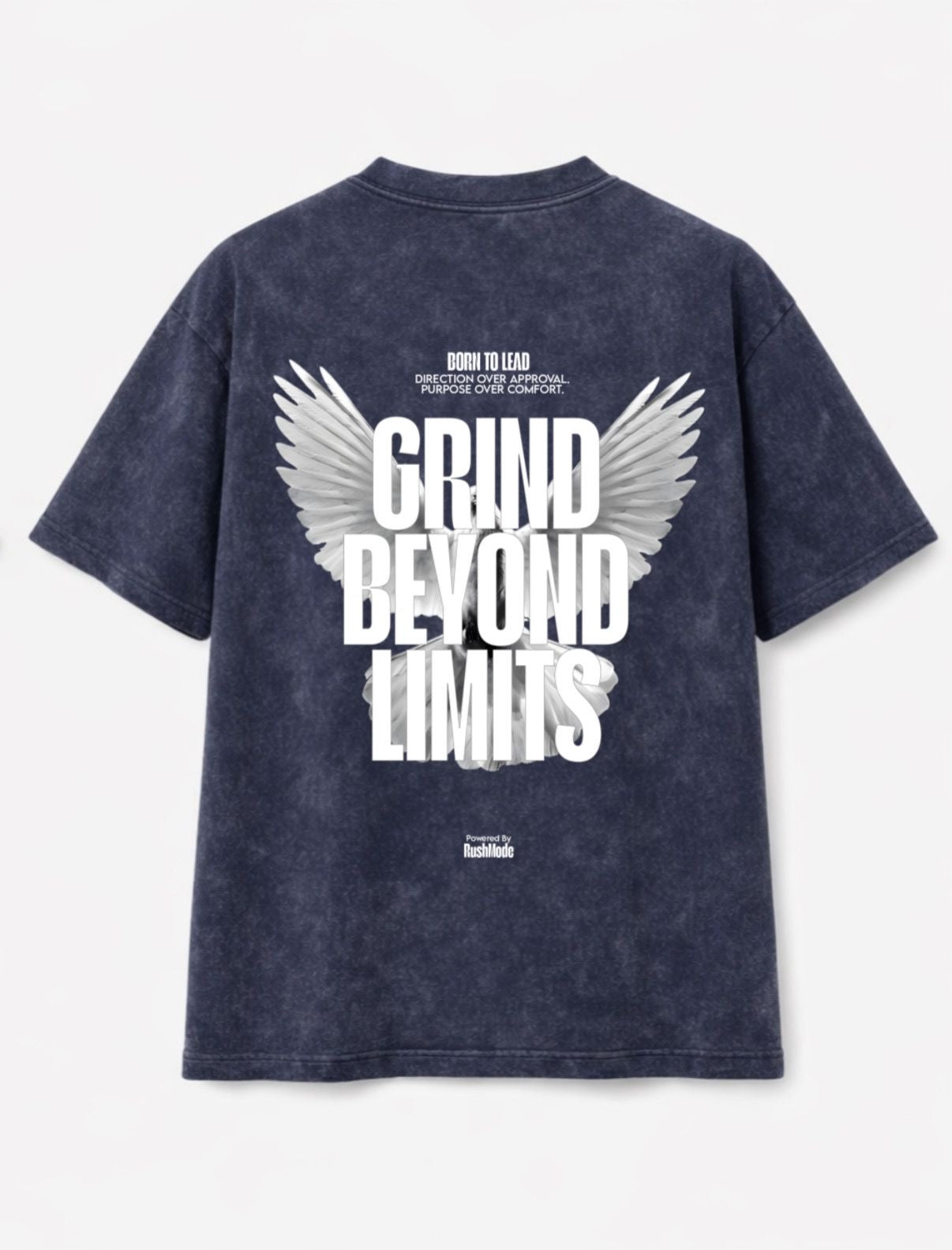 “ Grind Beyond Limits” Navy Blue Oversized Acid Wash T-shirt