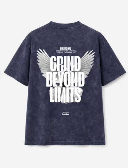 “ Grind Beyond Limits” Navy Blue Oversized Acid Wash T-shirt