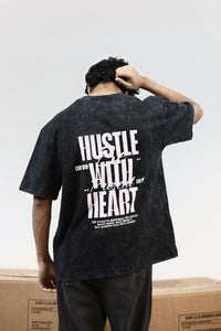 “Hustle With Heart” Black Oversized Acid Wash T-shirt