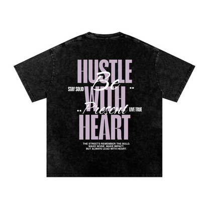 “Hustle With Heart” Black Oversized Acid Wash T-shirt