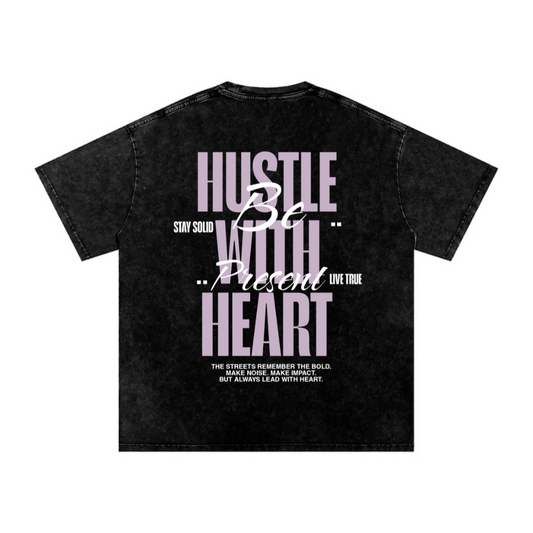 “Hustle With Heart” Black Oversized Acid Wash T-shirt