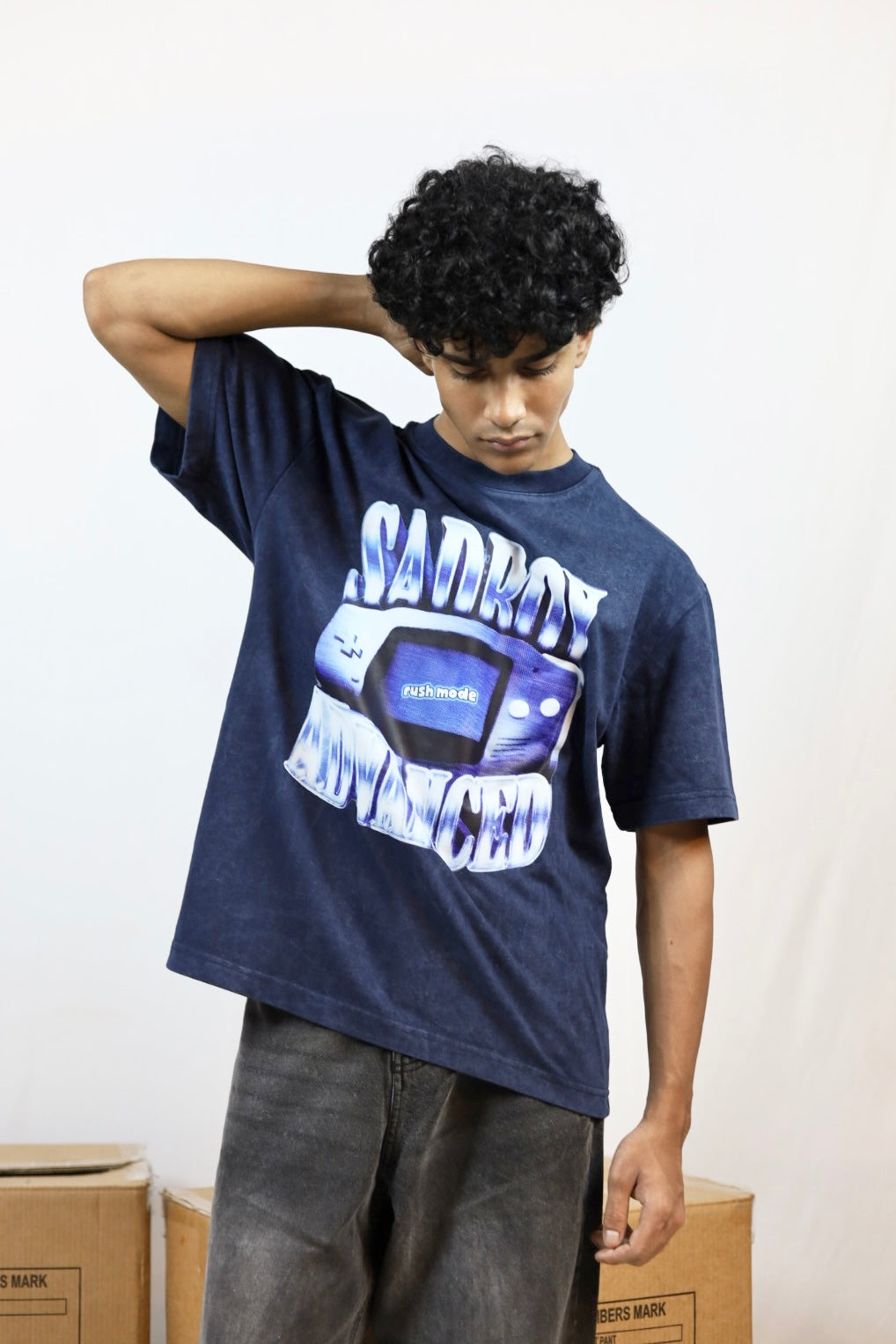 “SADBOY ADVANCED” Navy Oversized Acid Washed T-shirt