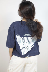 “ Grind Beyond Limits” Navy Blue Oversized Acid Wash T-shirt