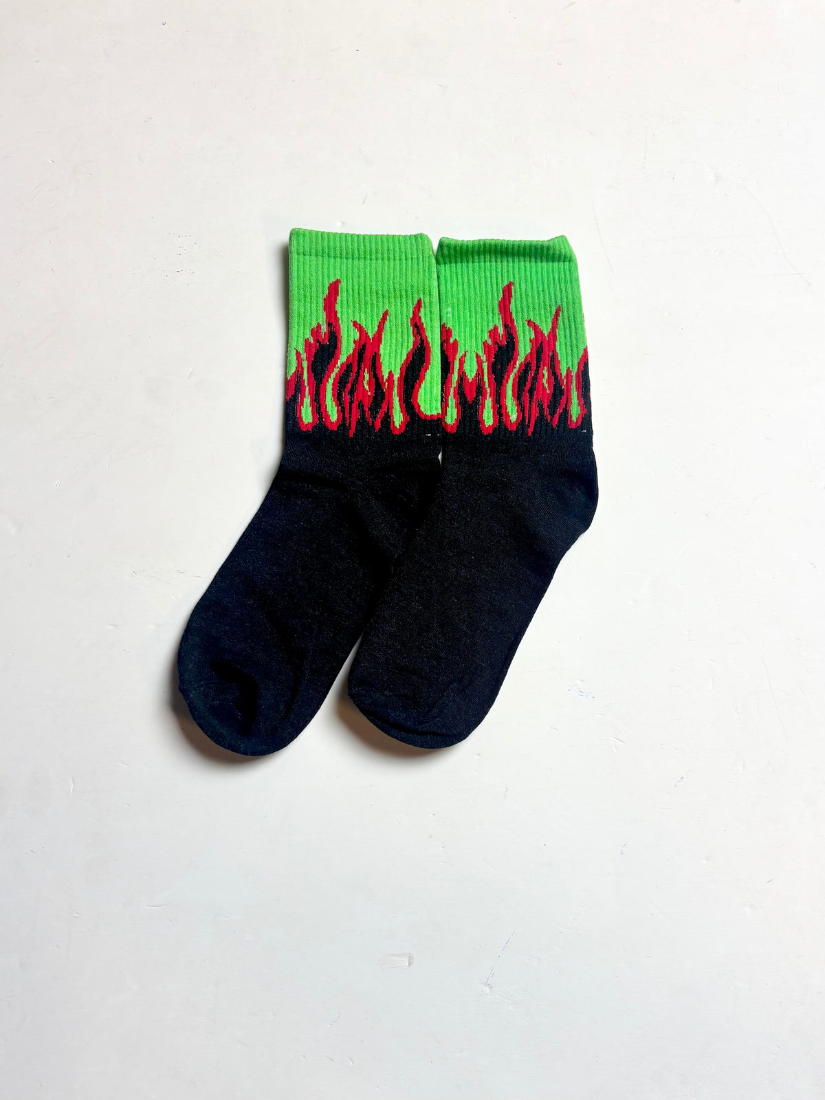 “Neon Green” Flame Black Crew Socks